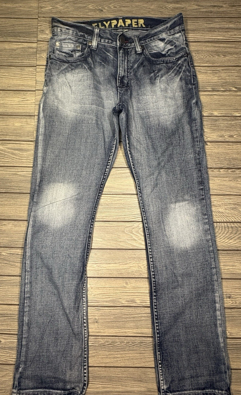 Flypaper Men's Straight Leg Denim Blue Jeans Size 32x34 Distressed Embroidered
